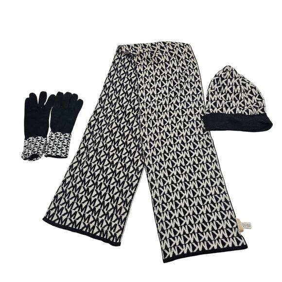 Women's Michael Kors 3 Piece Scarf Hat and Gloves Set Black/Cream - Picture 1 of 2